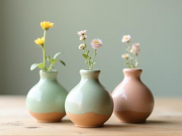 Set aus drei kleinen, handgetöpferten Vasen in Pastellfarben