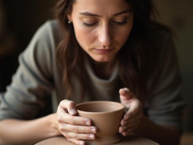 Anna Schmidt, die Gründerin von Dattelpalme Keramik, arbeitet konzentriert an einer Töpferscheibe